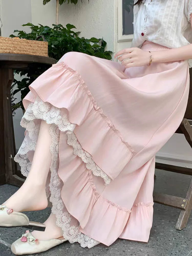 Elegant Pink Lace Trim A-Line Skirt – Summer Women's Asymmetrical Flared Hem Maxi Swing Skirt with Draped Sweet Design